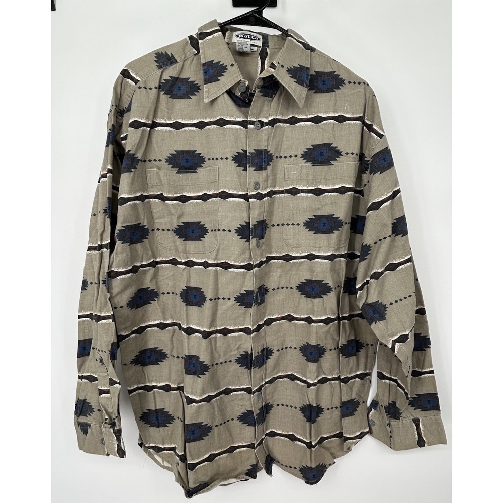 VINTAGE MOTTO REDDOT BUTTON‎ UP SHIRT ( MENS LARGE ) CANVAS SOUTHWESTERN PRINT